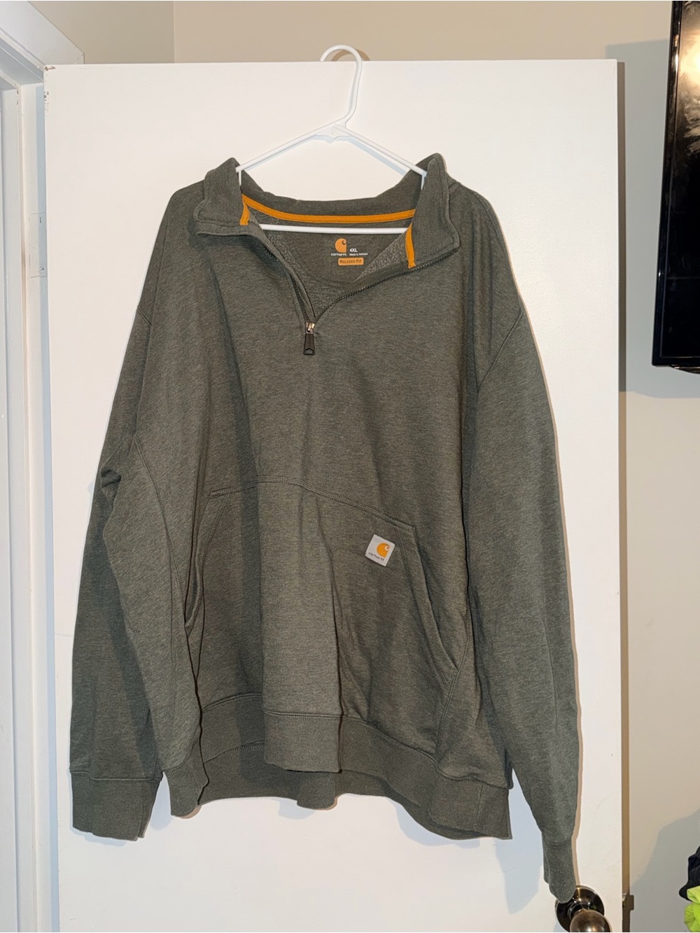 Carhartt Men’s Olive Green V-Neck Quarter-Zip Sweatshirt with Gold Trim